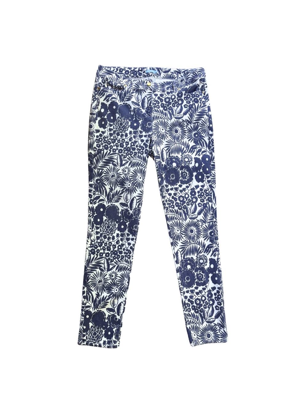 J. McLaughlin Navy Floral Print Skinny Pants White Size 12